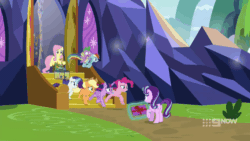 Size: 1280x720 | Tagged: safe, screencap, applejack, fluttershy, pinkie pie, rainbow dash, rarity, spike, starlight glimmer, twilight sparkle, alicorn, dragon, earth pony, pegasus, pony, unicorn, g4, memories and more, my little pony: friendship is forever, animated, gif, mane seven, mane six, spinning, twilight sparkle (alicorn)