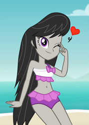 Size: 516x720 | Tagged: safe, artist:ponyalfonso, octavia melody, equestria girls, adorasexy, beach, belly button, clothes, cute, female, heart, looking at you, ocean, one eye closed, sand, sexy, smiling, solo, swimsuit, tavibetes, wink