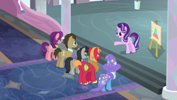 Size: 1920x1080 | Tagged: safe, screencap, big macintosh, doctor whooves, octavia melody, spoiled rich, starlight glimmer, time turner, trixie, earth pony, pony, unicorn, a horse shoe-in, g4, butt, cape, clothes, female, hat, male, mare, plot, stallion, trixie's cape, trixie's hat