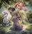 Size: 1920x2050 | Tagged: safe, artist:elzafox, apple bloom, sweetie belle, oc, oc:argot allophias, oc:snowfeather, changeling, earth pony, pegasus, pony, unicorn, g4, bow, changeling oc, crepuscular rays, hair bow, nonbinary, outdoors, pink changeling, prone, river, rock