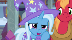 Size: 1920x1080 | Tagged: safe, screencap, big macintosh, trixie, earth pony, pony, unicorn, a horse shoe-in, g4, cape, clothes, duo, female, hat, male, mare, stallion, trixie's cape, trixie's hat