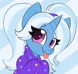 Size: 2793x2638 | Tagged: safe, artist:pegamutt, trixie, pony, unicorn, g4, :p, babysitter trixie, blushing, bust, clothes, cute, diatrixes, female, gameloft interpretation, high res, hoodie, mare, pigtails, solo, tongue out