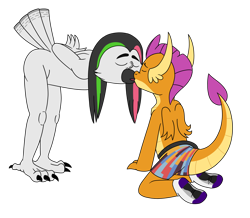 Size: 3624x3162 | Tagged: safe, artist:aaron amethyst, smolder, oc, avian, bird, dragon, owl, anthro, g4, boxer briefs, canon x oc, clothes, duo, female, furry, high res, kiss on the lips, kissing, male, simple background, sock fetish, socks, transparent background, underwear