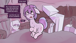 Size: 2000x1125 | Tagged: safe, artist:triplesevens, oc, oc only, oc:triple sevens, pony, unicorn, building, cave, dialogue, hell, male, offscreen character, sitting, speech bubble, statue, sweat