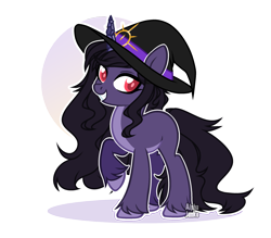 Size: 2648x2324 | Tagged: safe, artist:alphajunko, oc, oc only, unnamed oc, pony, unicorn, adoptable, blank flank, colored pupils, crystal, female, grin, hat, high res, horn, looking at you, mare, raised hoof, simple background, smiling, solo, transparent background, unshorn fetlocks, witch, witch hat