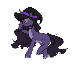 Size: 1654x1439 | Tagged: safe, artist:alphajunko, oc, oc only, unnamed oc, pony, unicorn, adoptable, blank flank, colored pupils, crystal, female, grin, hat, horn, looking at you, mare, one eye closed, raised hoof, simple background, smiling, solo, transparent background, unshorn fetlocks, wink, witch, witch hat