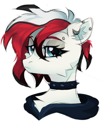 Size: 1884x2214 | Tagged: safe, artist:sonnezamayxx, oc, oc only, unnamed oc, earth pony, pony, adoptable, bridge piercing, bust, choker, clothes, ear piercing, earring, female, frown, hood, jewelry, lidded eyes, mare, piercing, simple background, solo, spiked choker, white background