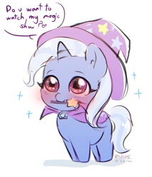 Size: 1200x1400 | Tagged: safe, artist:riukime, trixie, pony, unicorn, g4, blushing, bronybait, chibi, cute, daaaaaaaaaaaw, dialogue, diatrixes, female, filly, filly trixie, heart, looking at you, magic wand, mare, mouth hold, nom, simple background, smiling, solo, sparkles, speech bubble, starry eyes, weapons-grade cute, white background, wingding eyes, younger