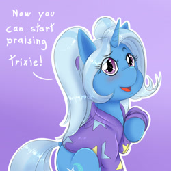 Size: 1500x1500 | Tagged: safe, artist:albertbm, trixie, pony, unicorn, alternate hairstyle, babysitter trixie, blushing, cute, diatrixes, digital art, doodle, female, gameloft interpretation, open mouth, pigtails, purple background, simple background, smiling, solo