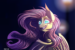 Size: 3000x2000 | Tagged: safe, artist:celes-969, fluttershy, pegasus, pony, g4, blurry background, bust, creepy, evil smile, fangs, female, grin, high res, insanity, looking at you, manic grin, mare, sharp teeth, slit pupils, smiling, solo, spread wings, teeth, toothy grin, wings