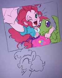 Size: 1638x2047 | Tagged: safe, artist:le683a, gummy, pinkie pie, earth pony, pony, equestria girls, g4, clothes, cute, jacket, plushie, shirt, skirt