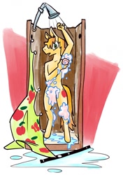 Size: 900x1280 | Tagged: safe, artist:chiggedychew, braeburn, earth pony, anthro, unguligrade anthro, g4, accidental exposure, looking at you, male, nudity, oops, shower, shower curtain, soap, soap bubble, solo, stallion, strategically covered, stupid sexy braeburn, wet mane