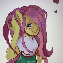 Size: 2048x2048 | Tagged: safe, artist:le683a, fluttershy, equestria girls, g4, blouse, bust, clothes, female, hair over one eye, heart, high res, ponied up, skirt, solo