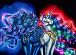 Size: 2876x2085 | Tagged: safe, artist:techwingidustries, princess celestia, princess luna, alicorn, crown, dark background, female, jewelry, looking at you, necklace, royal sisters, traditional art