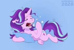 Size: 1448x989 | Tagged: safe, artist:deerspit, starlight glimmer, pony, unicorn, g4, blue background, female, messy mane, pillow, simple background, sleepy, solo, yawn