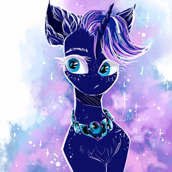Size: 1280x1280 | Tagged: safe, artist:livitoza, princess luna, alicorn, pony, g4, :/, abstract background, bust, female, horn, jewelry, mare, necklace, portrait, sketch, solo