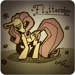Size: 2080x2080 | Tagged: safe, alternate version, artist:binkyt11, derpibooru exclusive, fluttershy, butterfly, pegasus, pony, g4, female, flower, high res, looking down, mare, raised hoof, shy, solo, traditional art
