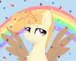 Size: 959x770 | Tagged: safe, artist:shiny-dust, oc, oc only, pegasus, pony, chest fluff, female, lineless, mare, rainbow, sky, solo, spread wings, wings