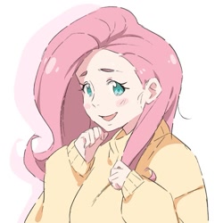 Size: 1077x1077 | Tagged: safe, artist:tomoe-chi, fluttershy, human, g4, bust, clothes, cute, female, humanized, looking at you, open mouth, redraw, shyabetes, simple background, solo, sweater, sweatershy, white background