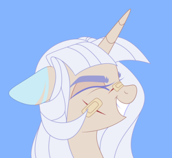 Size: 3067x2816 | Tagged: safe, artist:cyxarik_2003, oc, oc only, unnamed oc, pony, unicorn, bandaid, bandaid on nose, colored ears, eyes closed, female, grin, head shot, high res, horn, light blue background, mare, scar, simple background, smiling, solo