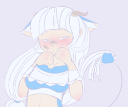 Size: 2401x1999 | Tagged: safe, artist:cyxarik_2003, oc, oc only, unnamed oc, human, bandaid, blushing, breasts, clothes, collarbone, colored ears, ear fluff, eared humanization, female, hair tie, horns, humanized, lidded eyes, simple background, solo, tailed humanization