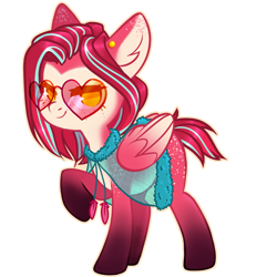Size: 1569x1569 | Tagged: safe, artist:chilliwine, oc, oc only, unnamed oc, pegasus, pony, clothes, colored hooves, ear piercing, earring, female, glasses, heart shaped glasses, jewelry, mare, multicolored hair, multicolored mane, multicolored tail, piercing, raised hoof, see-through, simple background, smiling, solo, transparent background, wings