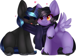 Size: 3289x2405 | Tagged: safe, artist:mxnxii, oc, oc only, oc:magic barrier, oc:tail, pegasus, pony, unicorn, :p, cheek to cheek, clothes, cute, high res, married couple, ocbetes, scarf, shared clothing, shared scarf, simple background, tongue out, transparent background