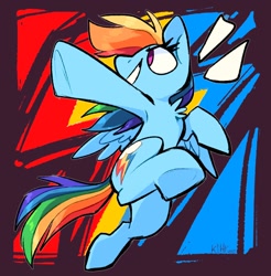 Size: 916x932 | Tagged: safe, artist:klhpyro, rainbow dash, pegasus, pony, g4, abstract background, action pose, armpits, backwards cutie mark, female, grin, looking sideways, mare, pointing, smiling, solo
