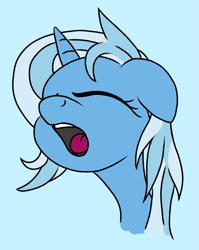 Size: 1505x1892 | Tagged: safe, artist:itchystomach, trixie, pony, unicorn, g4, blue background, bust, eyes closed, female, floppy ears, mare, messy mane, open mouth, simple background, solo, yawn, yelling