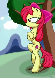 Size: 2008x2841 | Tagged: safe, artist:itchystomach, apple bloom, earth pony, pony, g4, adorabloom, annoyed, apple bloom is not amused, bipedal, crossed arms, cute, female, high res, lidded eyes, nose wrinkle, pouting, solo, tree, unamused