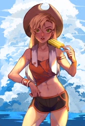 Size: 1378x2039 | Tagged: safe, artist:xieyanbbb, applejack, human, g4, abs, applejack's hat, beach, belly button, cloud, cowboy hat, female, food, freckles, hat, humanized, ice cream, looking at you, midriff, popsicle, sky, solo, summer, water