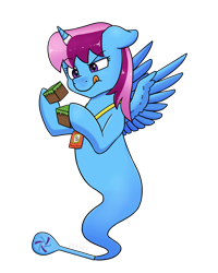 Size: 2800x3500 | Tagged: safe, alternate version, artist:violyre, oc, oc only, oc:parcly taxel, alicorn, genie, genie pony, pony, albumin flask, project seaponycon, quantum seaponycon, alicorn oc, bottle, commission, concentrating, female, high res, horn, horn ring, lanyard, mare, minecraft, simple background, solo, spread wings, tongue out, transparent background, wings, ych result