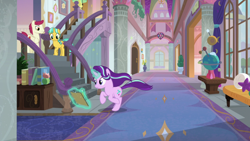 Size: 1920x1080 | Tagged: safe, screencap, citrine spark, fire quacker, starlight glimmer, pegasus, pony, unicorn, a horse shoe-in, g4, clipboard, female, galloping, hallway, male, mare, orrery, stairs, stallion