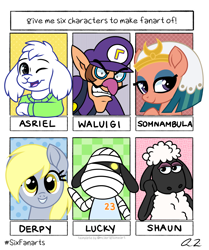 Size: 1072x1280 | Tagged: safe, artist:iheartjapan789, derpy hooves, somnambula, dog, goat, human, pegasus, pony, sheep, anthro, g4, angry, animal crossing, anthro with ponies, asriel dreemurr, bandage, clothes, crossover, female, hat, male, mare, nintendo, one eye closed, shaun the sheep, six fanarts, super mario bros., undertale, waluigi, wink