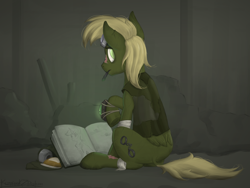 Size: 2980x2235 | Tagged: dead source, safe, artist:kozachokzrotom, oc, oc only, oc:murky, pegasus, pony, fallout equestria, fallout equestria: murky number seven, bandage, fanfic art, high res, male, mouth hold, pipbuck, scar, sketchbook, solo