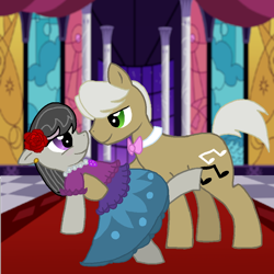 Size: 900x900 | Tagged: safe, artist:starryoak, frederic horseshoepin, octavia melody, earth pony, pony, g4, bowtie, clothes, dancing, dress, duo, female, flower, fredtavia, jewelry, male, mare, necklace, pearl necklace, rose, shipping, stallion, straight, tango
