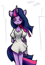 Size: 1500x2172 | Tagged: safe, artist:saltycube, twilight sparkle, unicorn, anthro, g4, breasts, cleavage, clothes, dress, female, flowing mane, front view, simple background, solo, unicorn twilight