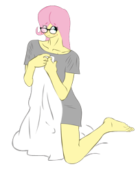 Size: 550x684 | Tagged: safe, artist:lzh, fluttershy, human, equestria girls, g4, bottomless, clothes, cover, female, glasses, kneeling, looking at you, partial nudity, shirt, simple background, t-shirt