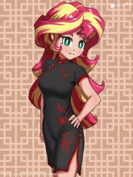 Size: 1536x2048 | Tagged: safe, artist:tinybenz, sunset shimmer, human, equestria girls, g4, cheongsam, clothes, cute, female, hand on hip, human coloration, humanized, looking at you, shimmerbetes, side slit, solo