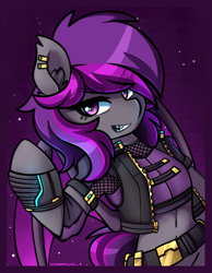 Size: 2172x2800 | Tagged: safe, artist:ciderpunk, oc, oc only, oc:platinum wing, bat pony, semi-anthro, arm hooves, clothes, cyberpunk, ear piercing, earring, high res, jewelry, piercing, solo