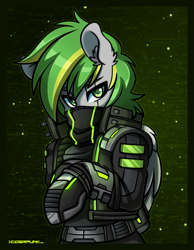 Size: 2172x2800 | Tagged: safe, artist:ciderpunk, oc, oc only, pegasus, semi-anthro, arm hooves, clothes, cyberpunk, high res, male, solo