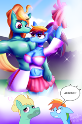 Size: 3504x5269 | Tagged: safe, artist:smolsoviet, rainbow dash, zephyr breeze, pegasus, anthro, g4, angry, armpits, big breasts, breasts, bust, busty rainbow dash, cheerleader, clothes, daydream, female, male, partial nudity, pom pom, ship:zephdash, shipping, skirt, straight, tomboy taming, topless