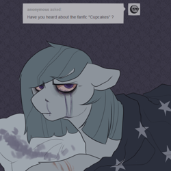 Size: 500x500 | Tagged: source needed, useless source url, safe, artist:ruthiie-cat, marble pie, pony, ask isolated inkie pie, g4, ask, bed, blanket, bloodshot eyes, crying, female, scar, self harm, solo, tired