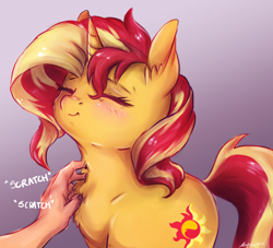 Size: 2804x2542 | Tagged: safe, artist:buttersprinkle, sunset shimmer, human, pony, unicorn, g4, abstract background, bacon hair, behaving like a cat, blushing, buttersprinkle is trying to murder us, cheek fluff, chest fluff, cute, daaaaaaaaaaaw, disembodied hand, ear fluff, eyelashes, eyes closed, female, fluffy, food, gradient background, gray background, hand, high res, mare, neck fluff, offscreen character, offscreen human, onomatopoeia, purring, scratching, shimmerbetes, simple background, smiling, solo focus, sound effects, wavy mouth, weapons-grade cute