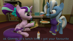Size: 3840x2160 | Tagged: safe, artist:northern haste, starlight glimmer, trixie, whammy, pony, unicorn, g4, 3d, 4k, adult foal, baby bottle, baby food, babysitter trixie, diaper, diaper fetish, female, fetish, foal bottle, high res, non-baby in diaper, pigtails, source filmmaker