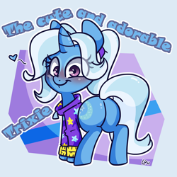 Size: 1500x1500 | Tagged: safe, artist:lou, trixie, pony, unicorn, g4, adorasexy, alternate hairstyle, babysitter trixie, blushing, butt, clothes, cute, diatrixes, female, heart, hoodie, looking at you, mare, pigtails, plot, sexy, smiling, solo