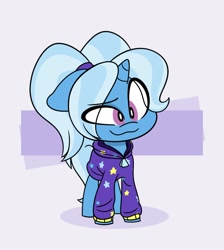 Size: 1656x1848 | Tagged: safe, artist:ryuyo, trixie, pony, unicorn, abstract background, babysitter trixie, clothes, cute, diatrixes, eye clipping through hair, female, gameloft interpretation, hoodie, mare, pigtails, smiling, solo, twintails