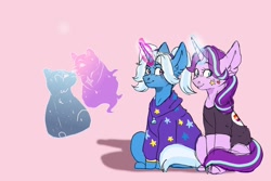 Size: 1500x1000 | Tagged: safe, artist:ametff3, starlight glimmer, trixie, bear, pony, unicorn, ursa, ursa major, ursa minor, g4, babysitter trixie, clothes, female, glowing horn, heart, hoodie, horn, lesbian, lesbian pride flag, pigtails, pink background, pride, pride flag, ship:startrix, shipping, simple background, sitting, stars, sticker, twintails