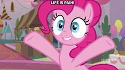Size: 1280x720 | Tagged: safe, edit, edited screencap, screencap, pinkie pie, g4, memories and more, my little pony: friendship is forever, the last problem, caption, image macro, life is pain, text