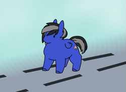 Size: 525x383 | Tagged: safe, artist:siegfriednox, oc, oc only, oc:driftor, pegasus, pony, black hair, blue, blue background, blue coat, chimken numget, chonk, cute, cutie mark, dot eyes, folded wings, grey hair, male, no mouth, pegasus oc, road, simple background, small wings, solo, stallion, striped mane, striped tail, two toned hair, two toned mane, two toned tail, wings